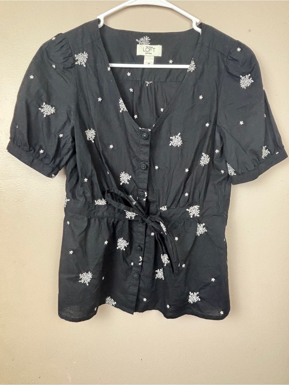 LOFT Black Button-Front Tie-Waist Blouse with White Embroidery